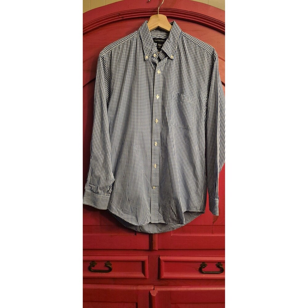 NWOT Lands End M 15-15.5 Tailored Fit Blue Gingham Check One Pocket